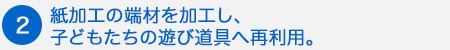 紙加工の端材を加工し、子どもたちの遊び道具へ再利用。